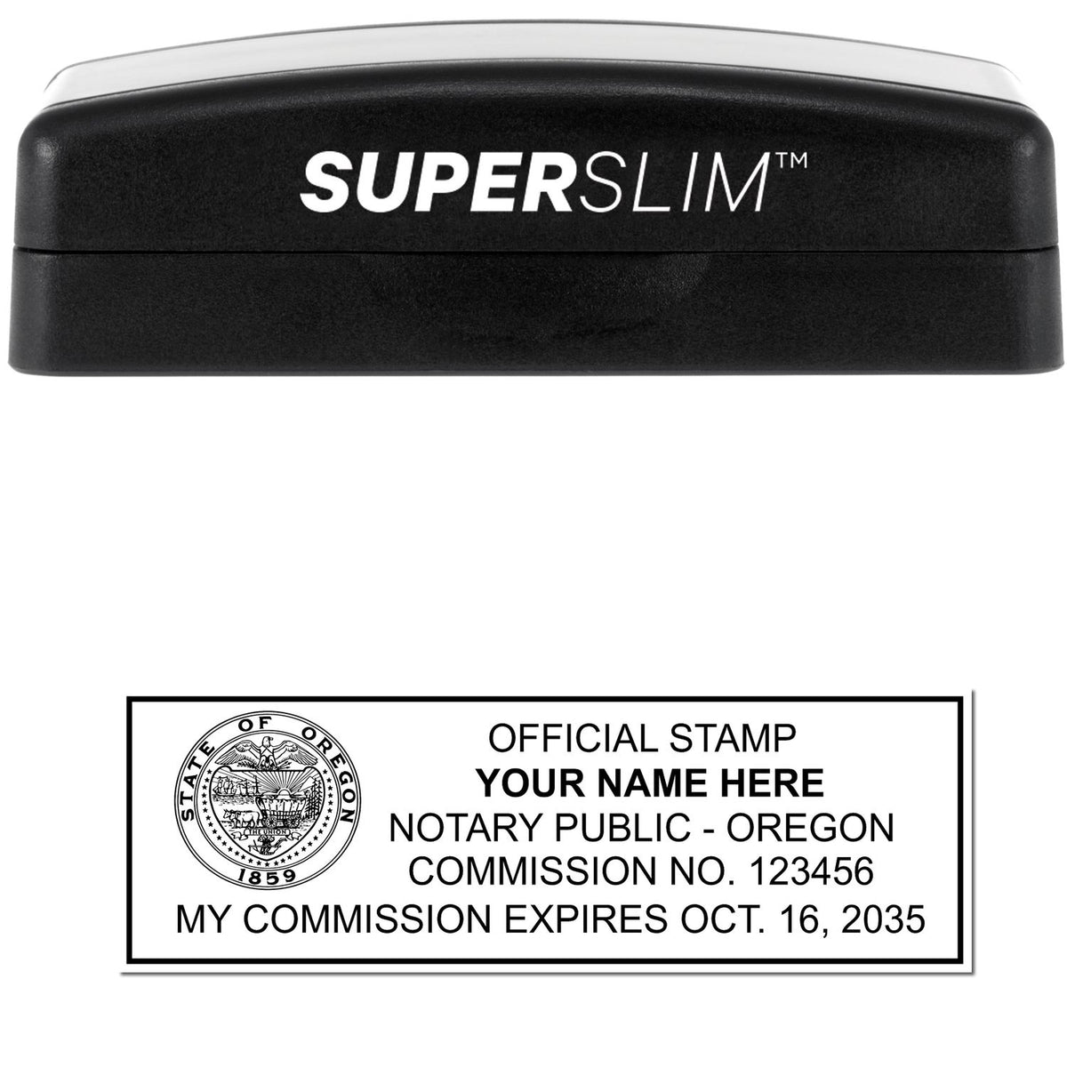 The main image for the Super Slim Oregon Notary Public Stamp depicting a sample of the imprint and electronic files