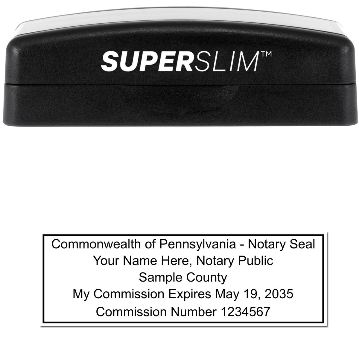 The main image for the Super Slim Pennsylvania Notary Public Stamp depicting a sample of the imprint and electronic files