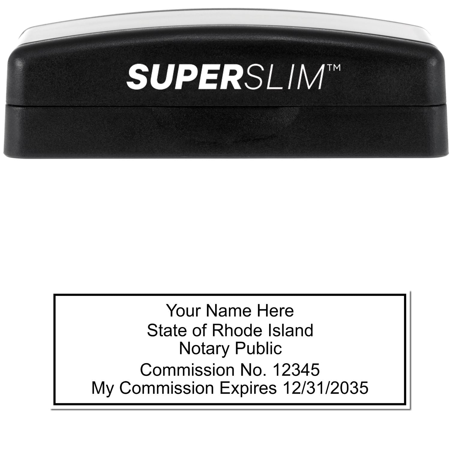 The main image for the Super Slim Rhode Island Notary Public Stamp depicting a sample of the imprint and electronic files