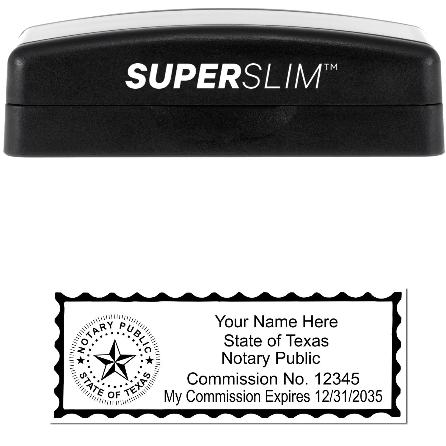 The main image for the Super Slim Texas Notary Public Stamp depicting a sample of the imprint and electronic files