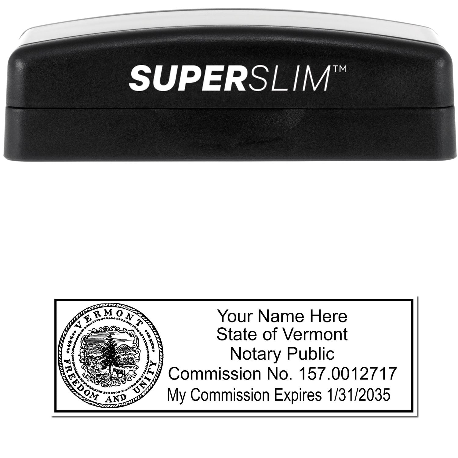 The main image for the Super Slim Vermont Notary Public Stamp depicting a sample of the imprint and electronic files