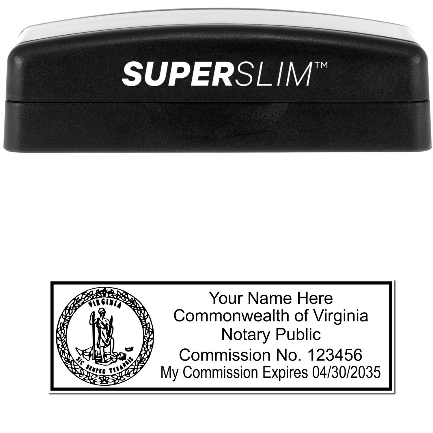 The main image for the Super Slim Virginia Notary Public Stamp depicting a sample of the imprint and electronic files