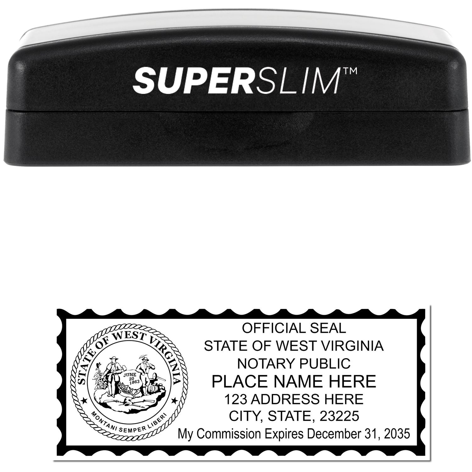 The main image for the Super Slim West Virginia Notary Public Stamp depicting a sample of the imprint and electronic files