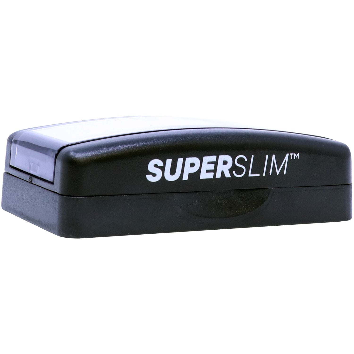 Super Slim Pre-Inked State Seal Notary Stamp in black, shown from a front angle, with the SUPERSLIM branding visible on the side.