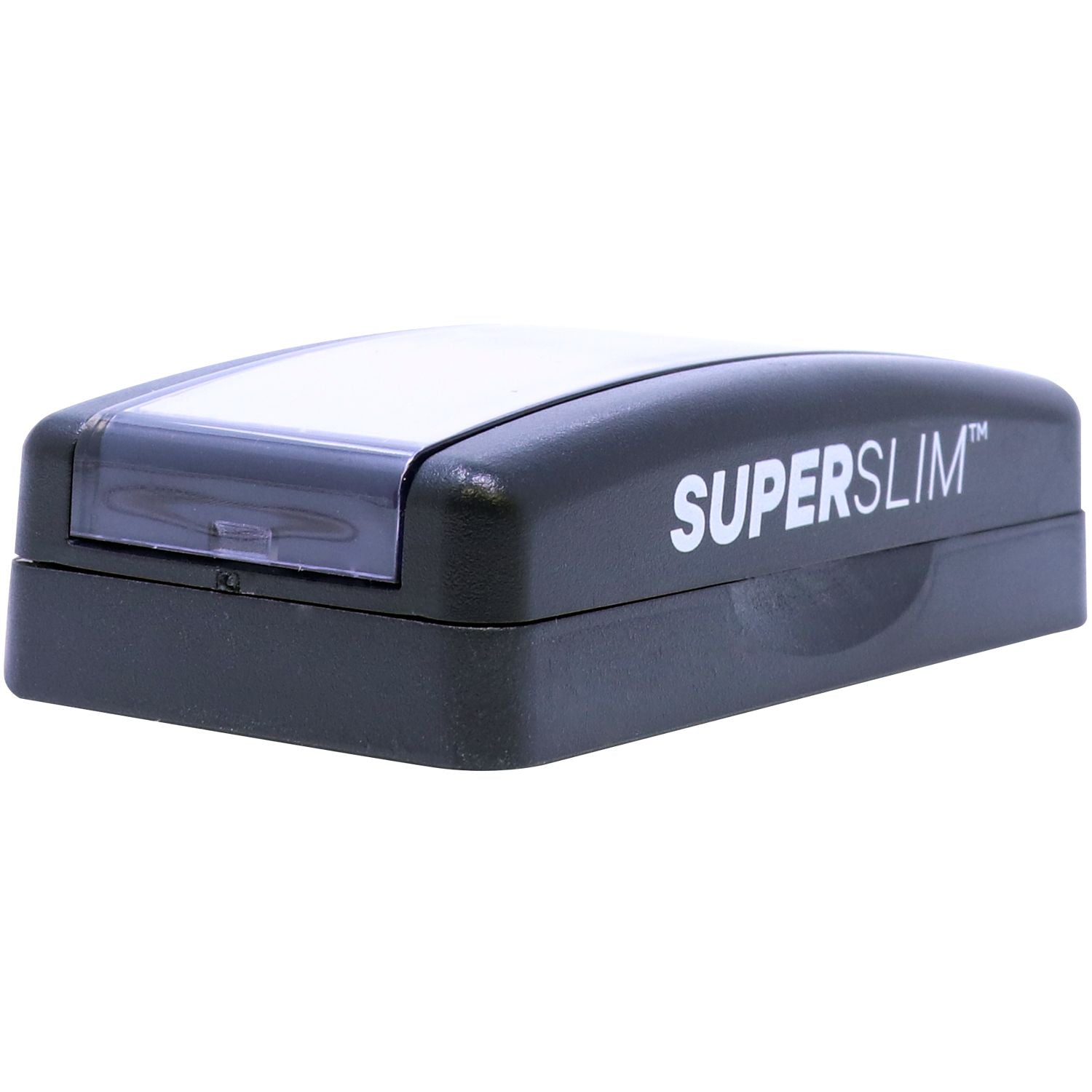 Super Slim Pre-Inked State Seal Notary Stamp in black casing with a transparent cover, showcasing its compact and sleek design.