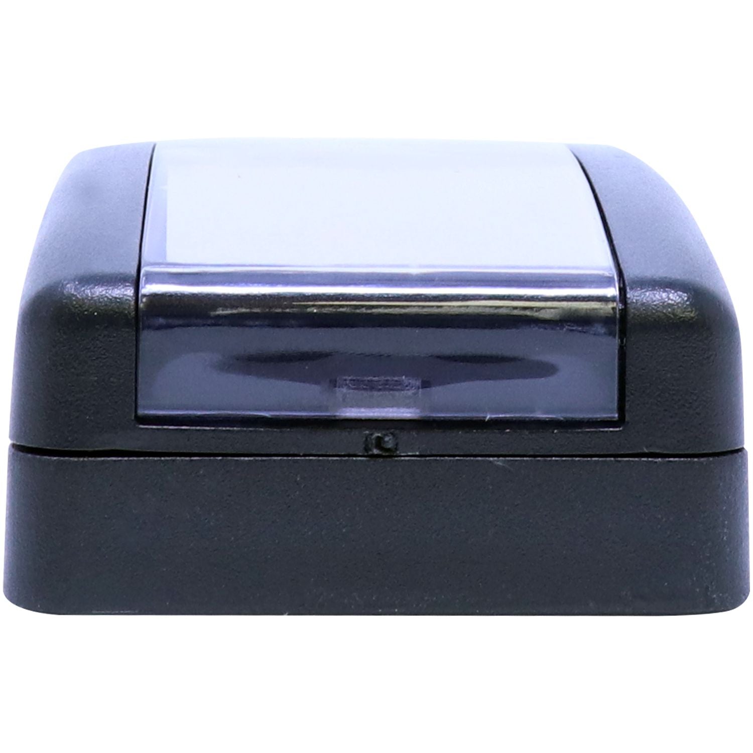 Super Slim 2564 Customized Pre-Inked Stamp 1 x 2-3/8, shown from the side, featuring a compact black design with a clear cover.