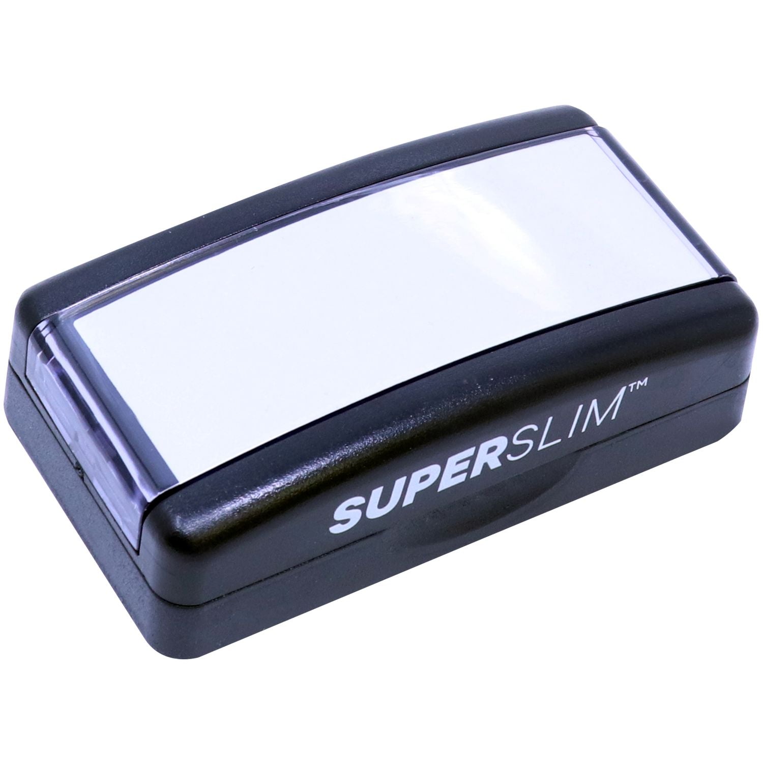 Super Slim 2564 Customized Pre-Inked Stamp 1 x 2-3/8, black casing with white top, angled view showing the compact design and branding.