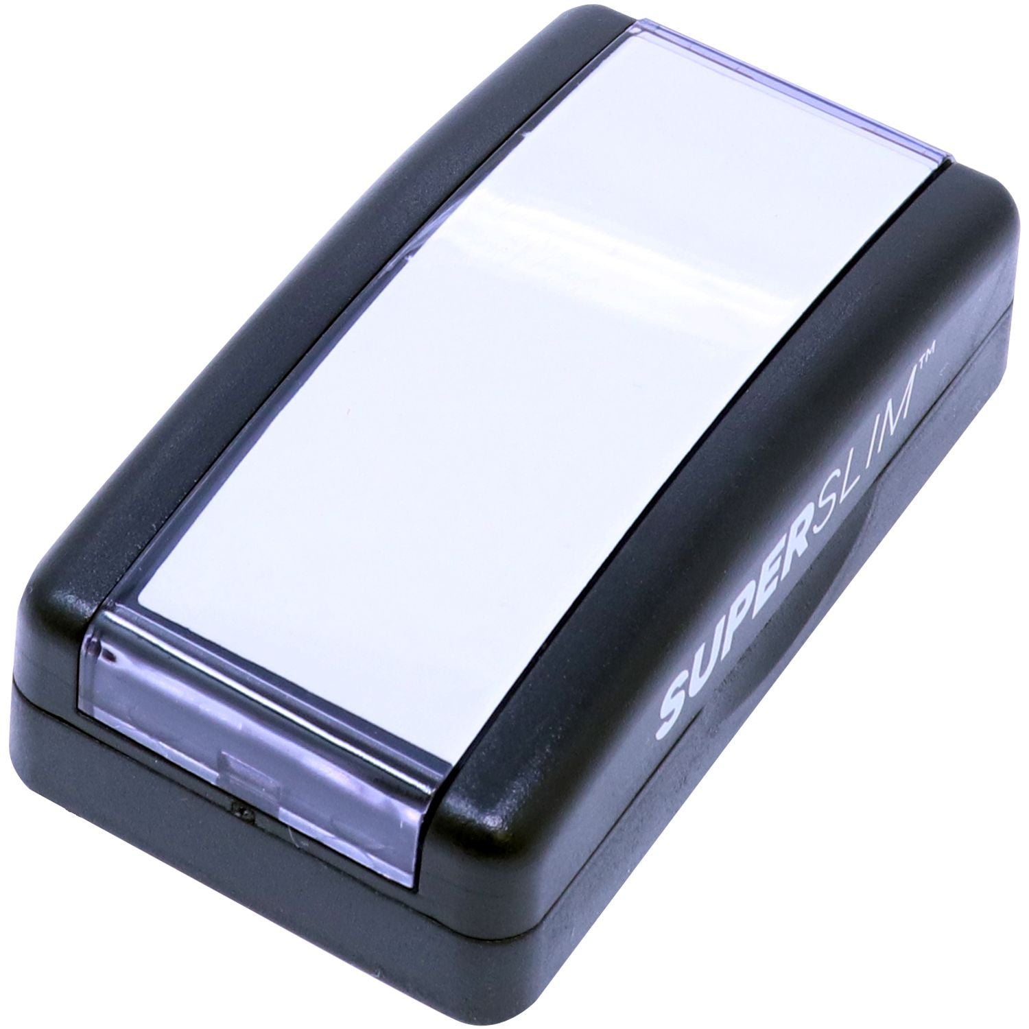 Super Slim 2564 Customized Pre-Inked Stamp 1 x 2-3/8 in black casing with a clear cover, shown from the top and front side.