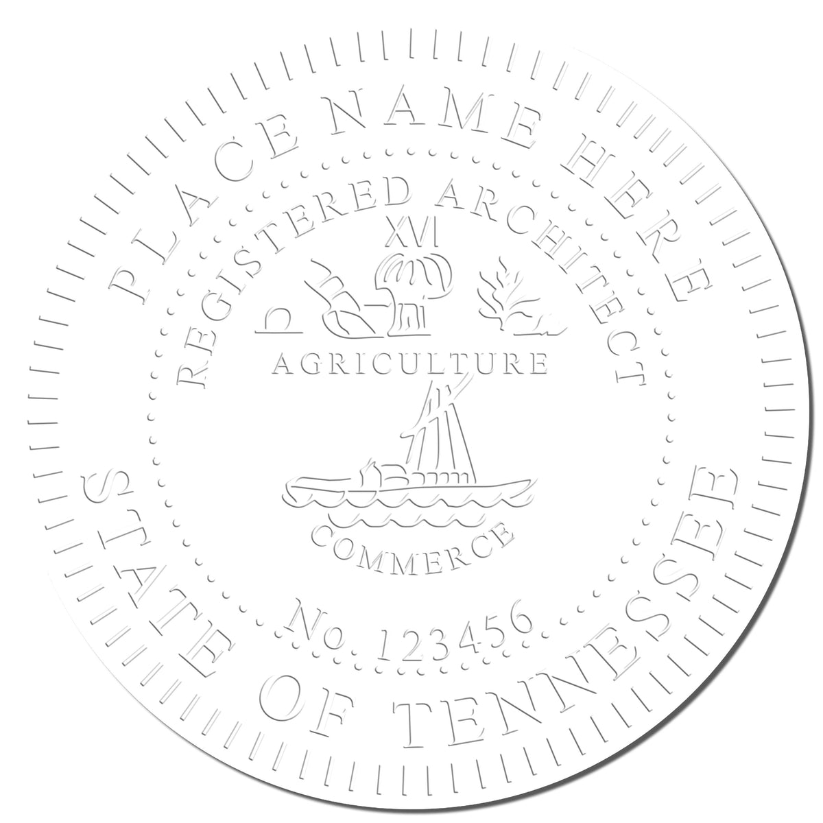 A photograph of the Handheld Tennessee Architect Seal Embosser stamp impression reveals a vivid, professional image of the on paper.