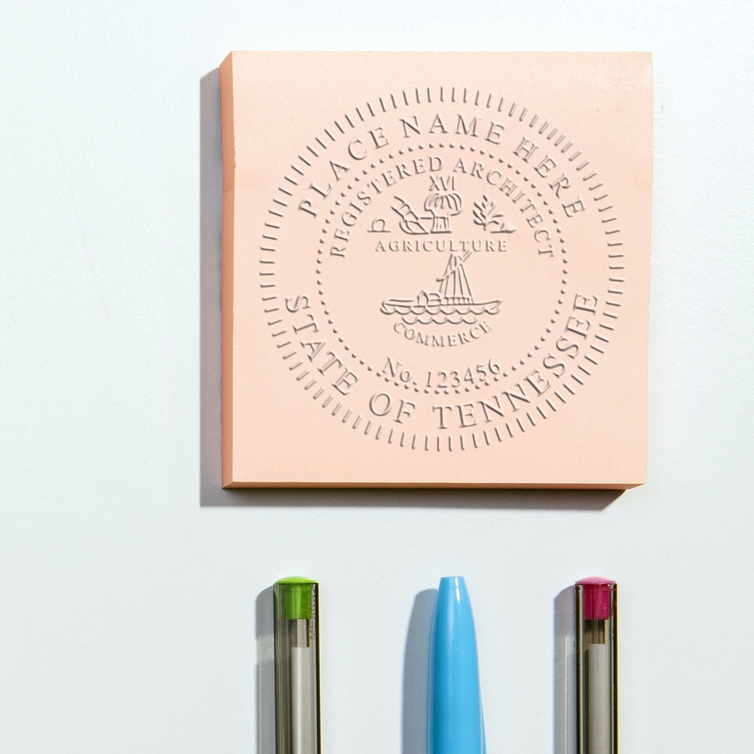 An in use photo of the Gift Tennessee Architect Seal showing a sample imprint on a cardstock