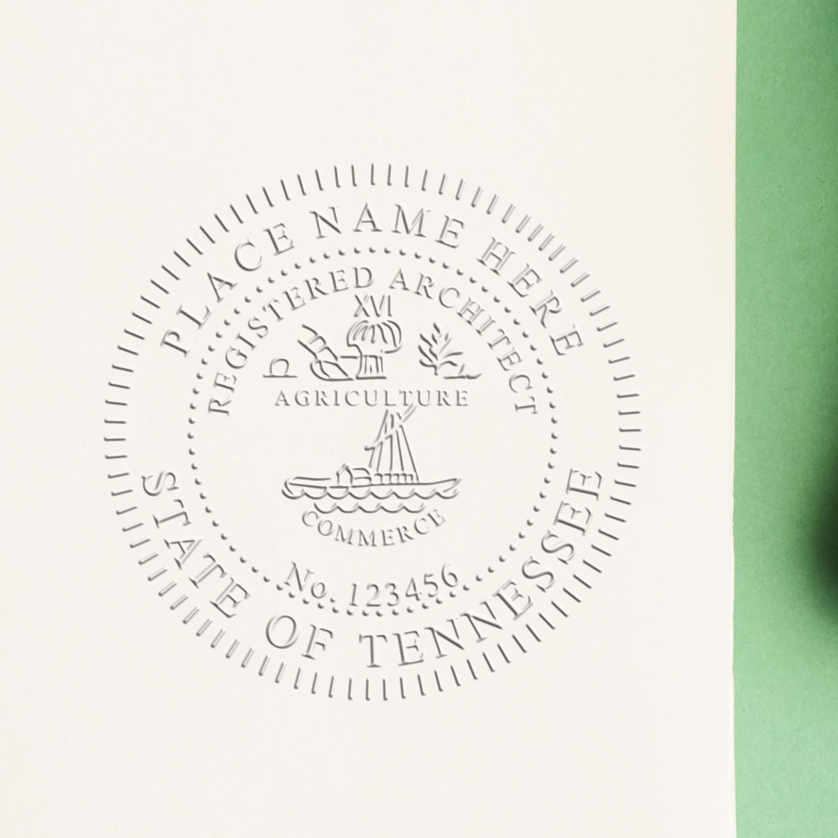 A stamped impression of the Handheld Tennessee Architect Seal Embosser in this stylish lifestyle photo, setting the tone for a unique and personalized product.