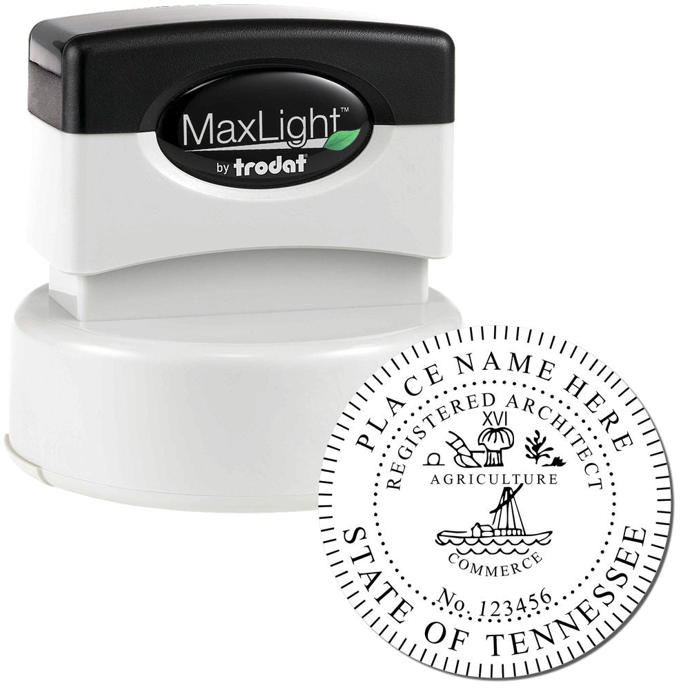 Premium MaxLight Pre-Inked Tennessee Architectural Stamp with black handle and detailed circular imprint for registered architects in Tennessee.