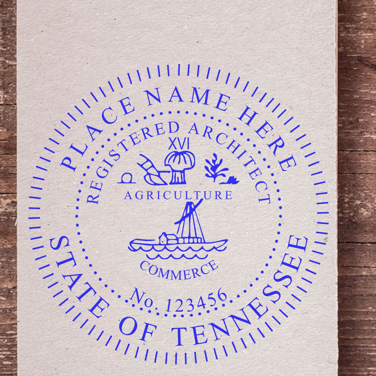 Digital Tennessee Architect Stamp, Electronic Seal for Tennessee Architect, blue ink, customizable with name and registration number.