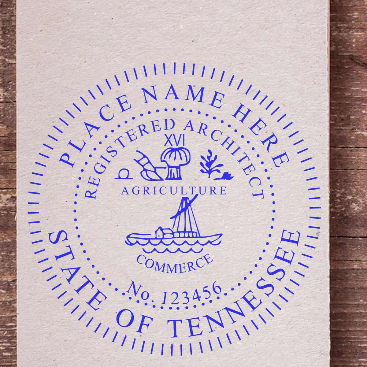 Slim Pre-Inked Tennessee Architect Seal Stamp in use photo showing a stamped imprint of the Slim Pre-Inked Tennessee Architect Seal Stamp