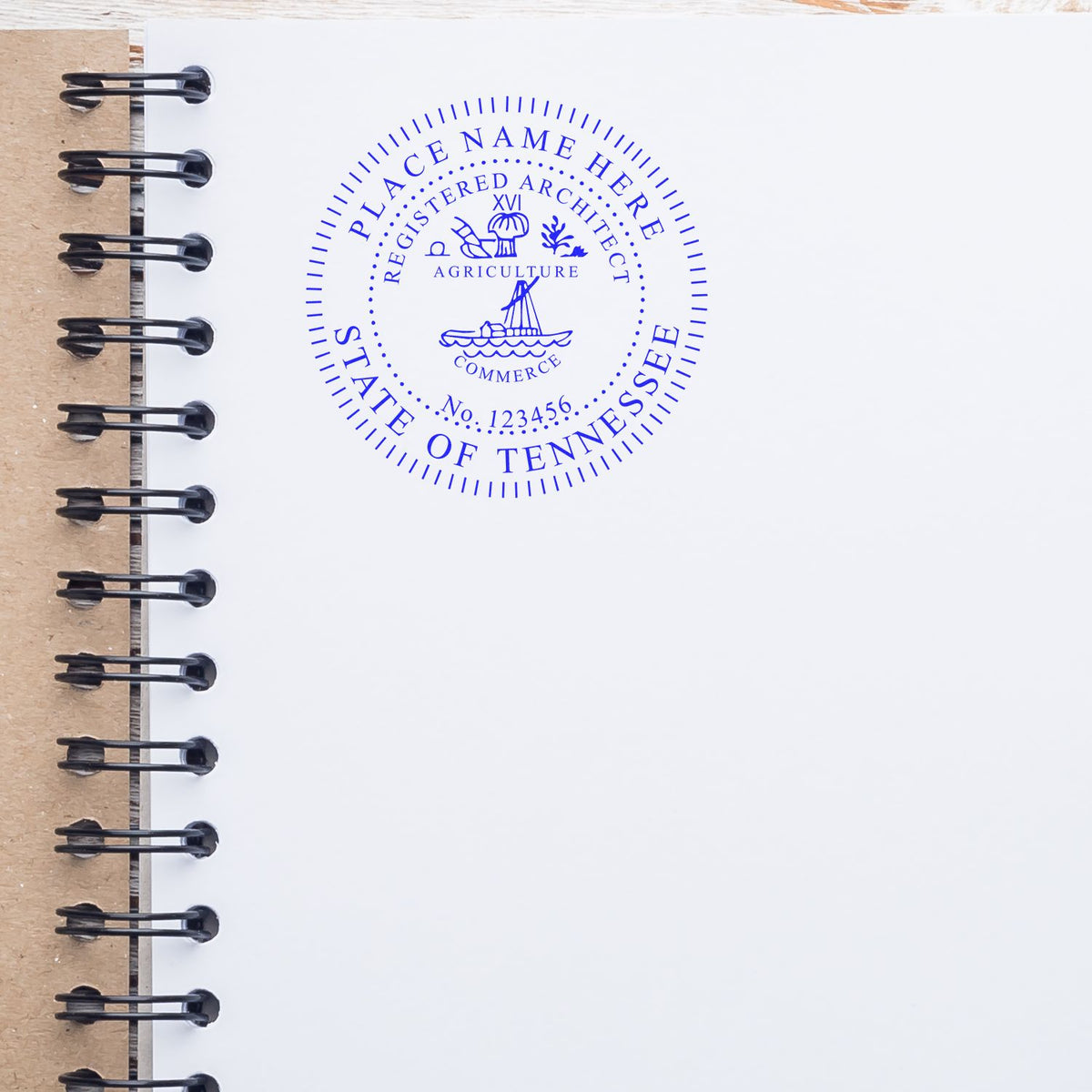 A photograph of the Slim Pre-Inked Tennessee Architect Seal Stamp stamp impression reveals a vivid, professional image of the on paper.