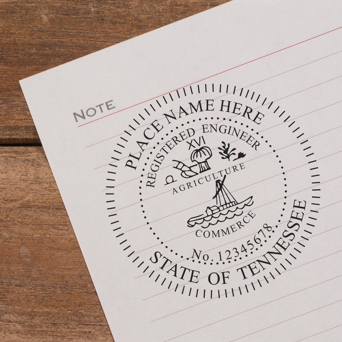 A lifestyle photo showing a stamped image of the Slim Pre-Inked Tennessee Professional Engineer Seal Stamp on a piece of paper