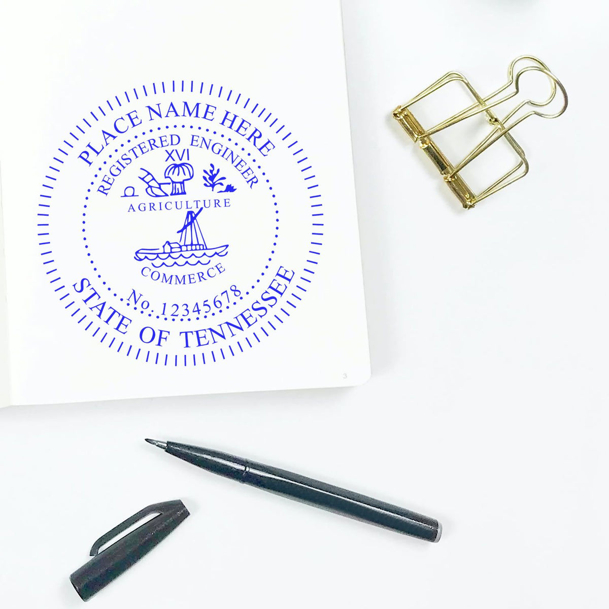 A lifestyle photo showing a stamped image of the Premium MaxLight Pre-Inked Tennessee Engineering Stamp on a piece of paper