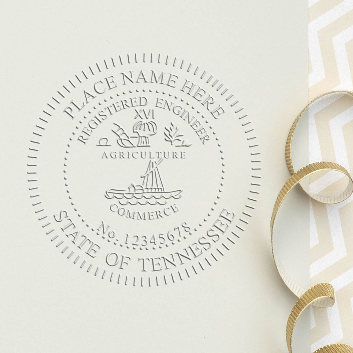 A stamped impression of the Tennessee Engineer Desk Seal in this stylish lifestyle photo, setting the tone for a unique and personalized product.