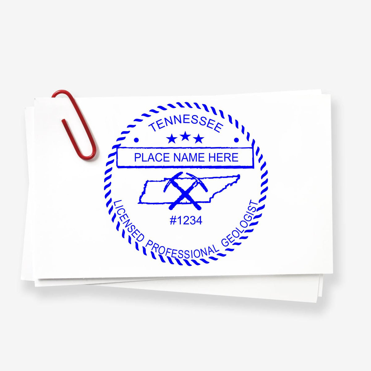 The Slim Pre-Inked Tennessee Professional Geologist Seal Stamp stamp impression comes to life with a crisp, detailed image stamped on paper - showcasing true professional quality.