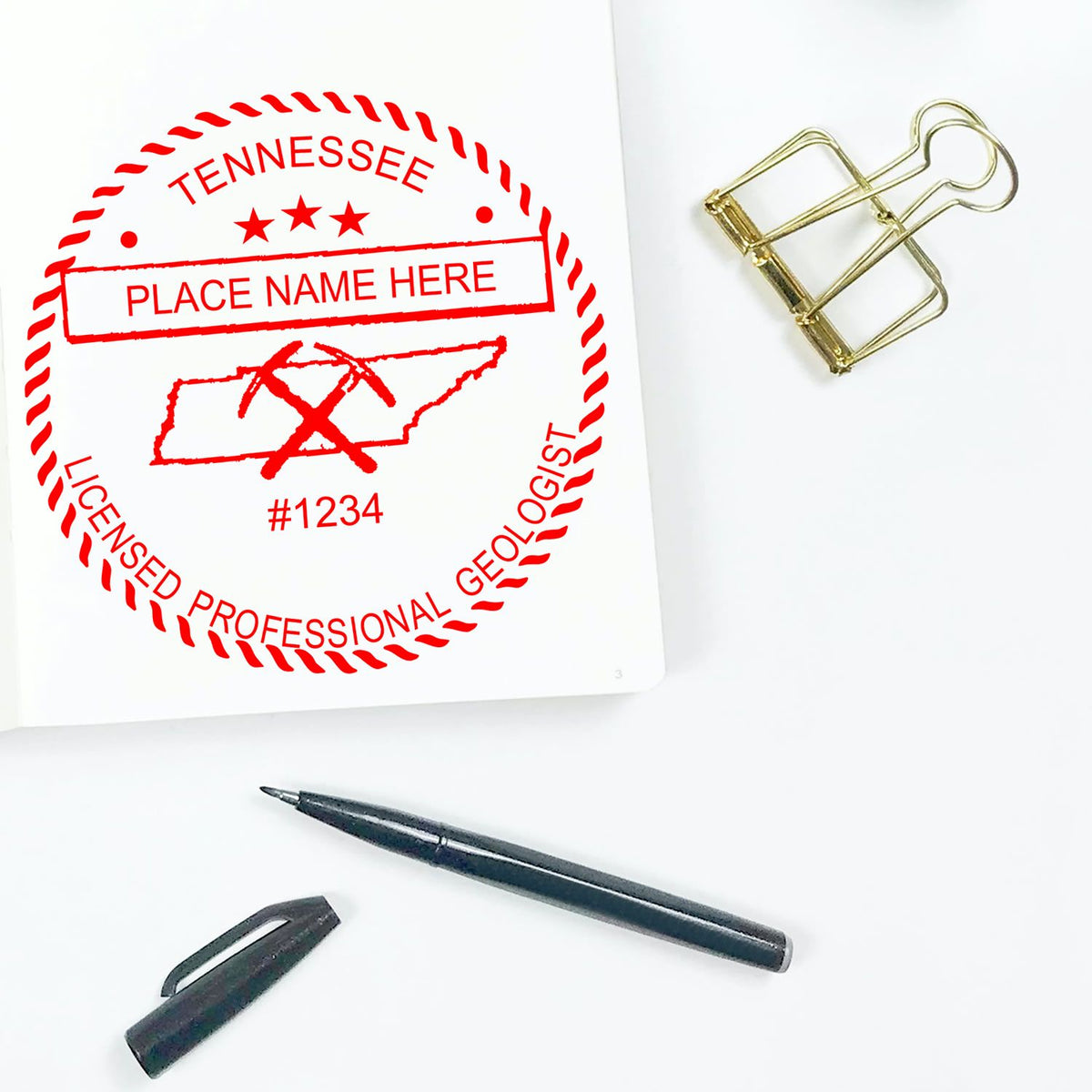 A stamped imprint of the Slim Pre-Inked Tennessee Professional Geologist Seal Stamp in this stylish lifestyle photo, setting the tone for a unique and personalized product.