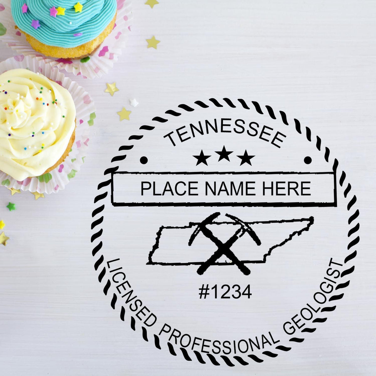 A stamped imprint of the Digital Tennessee Geologist Stamp, Electronic Seal for Tennessee Geologist in this stylish lifestyle photo, setting the tone for a unique and personalized product.