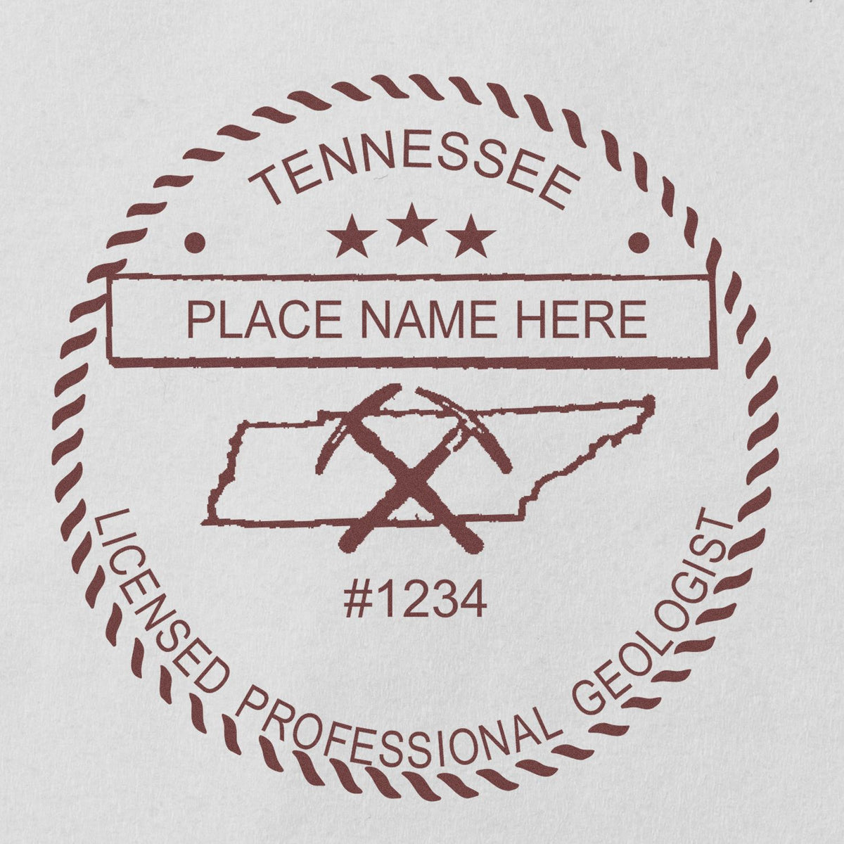 A photograph of the Premium MaxLight Pre-Inked Tennessee Geology Stamp stamp impression reveals a vivid, professional image of the on paper.