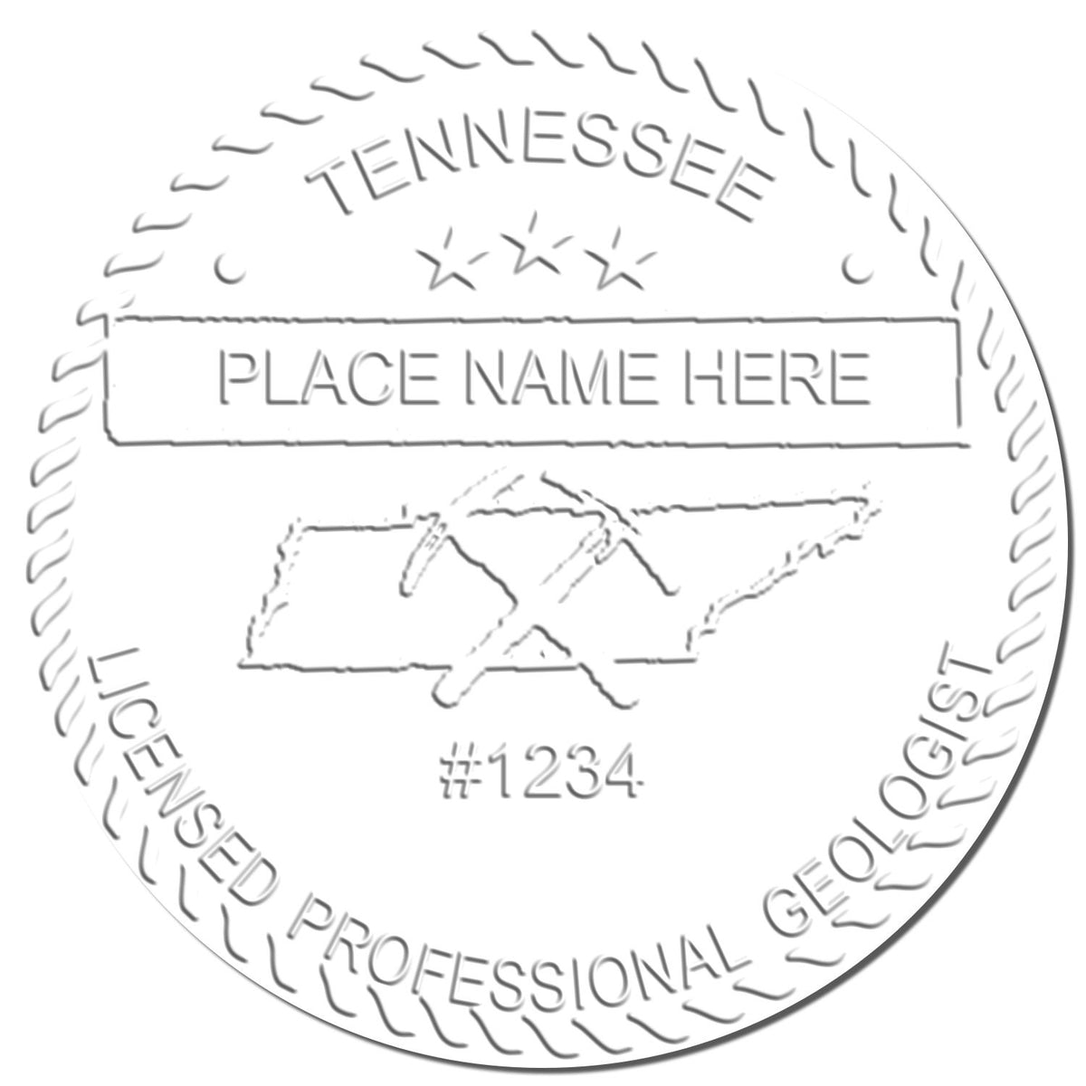 A photograph of the Hybrid Tennessee Geologist Seal stamp impression reveals a vivid, professional image of the on paper.