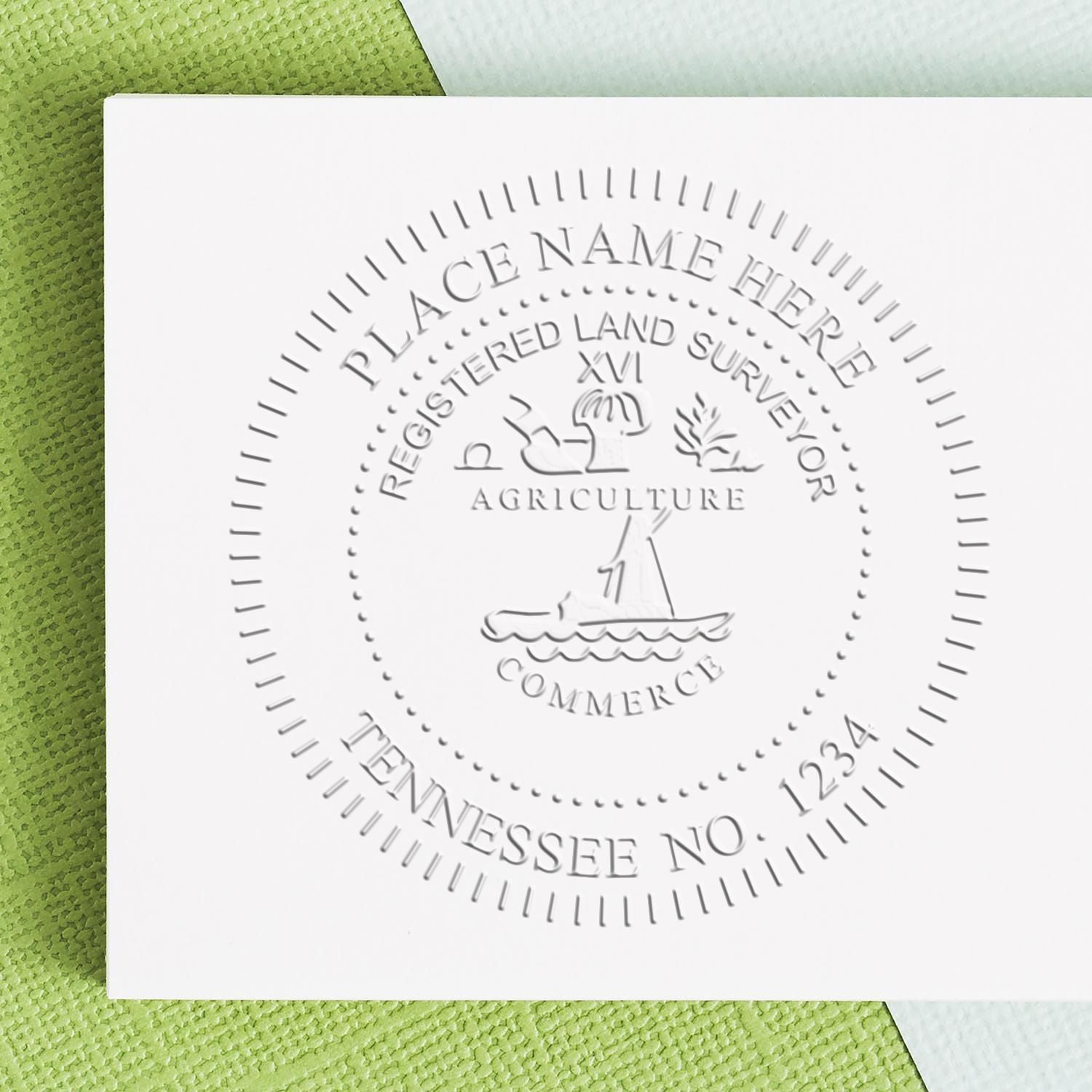 A photograph of the Tennessee Desk Surveyor Seal Embosser stamp impression reveals a vivid, professional image of the on paper.