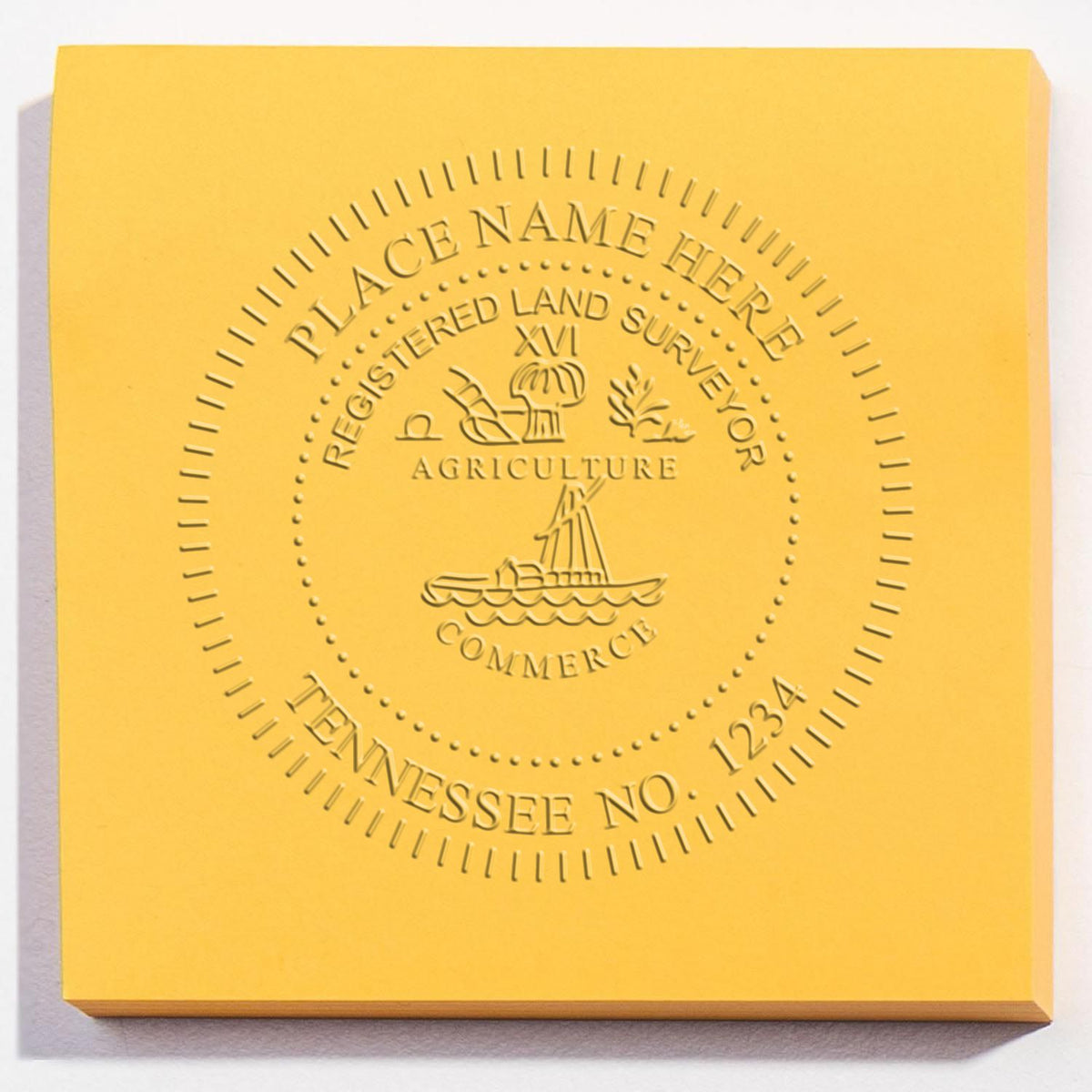 A lifestyle photo showing a stamped image of the State of Tennessee Soft Land Surveyor Embossing Seal on a piece of paper