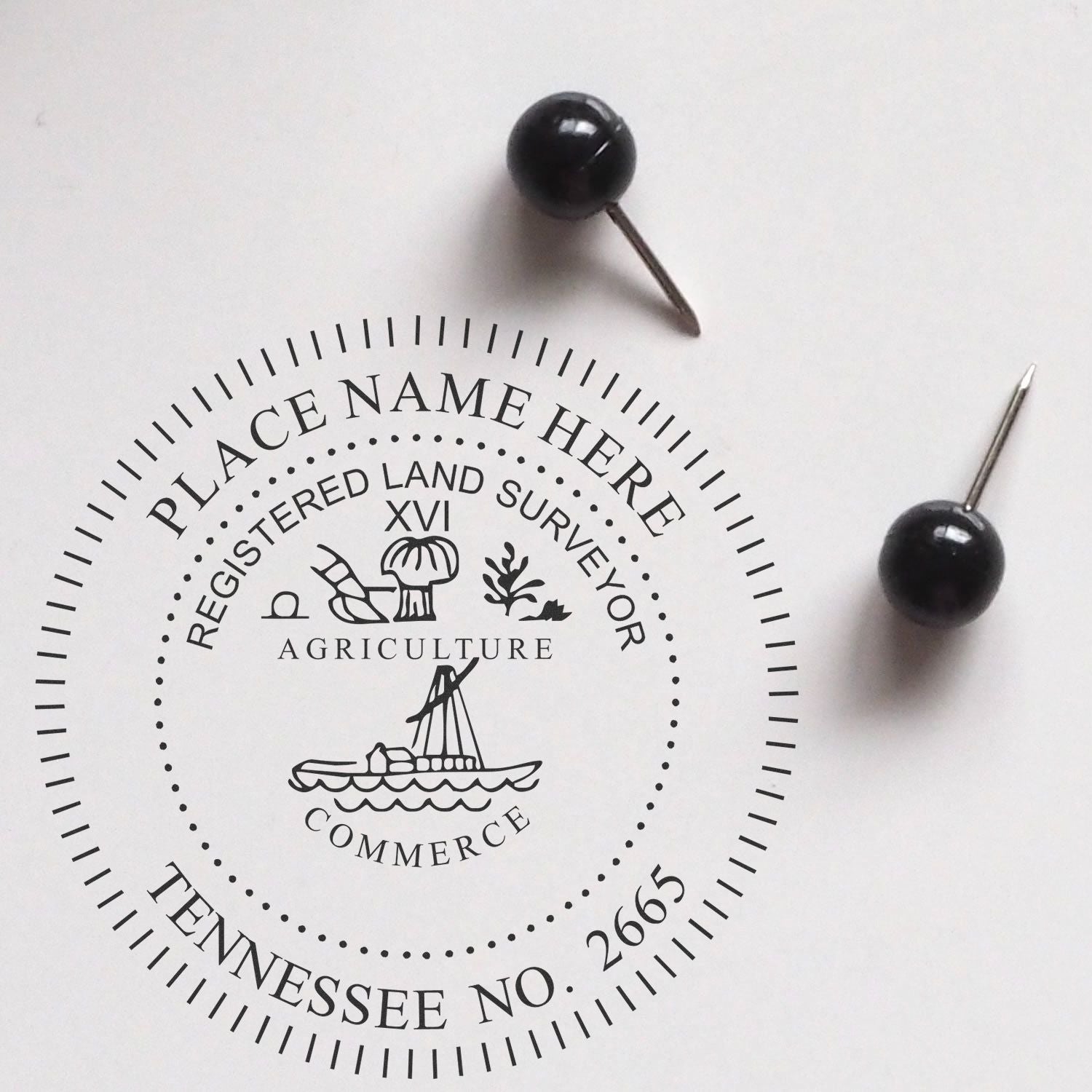 Digital Tennessee Land Surveyor Stamp, Electronic Seal for Tennessee Land Surveyor, displayed with two black push pins on a white background.