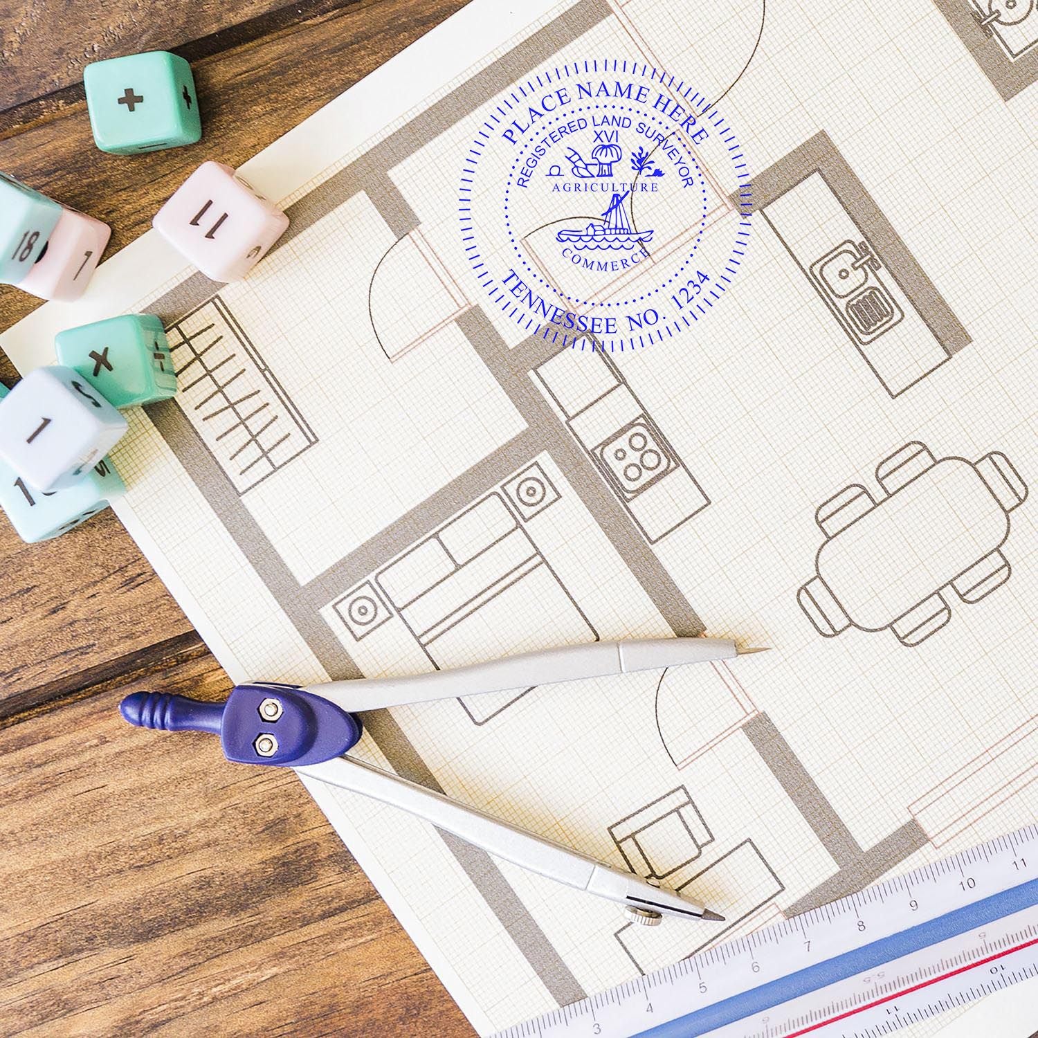 Blueprint with Digital Tennessee Land Surveyor Stamp, Electronic Seal for Tennessee Land Surveyor, compass, ruler, and dice on a wooden table.