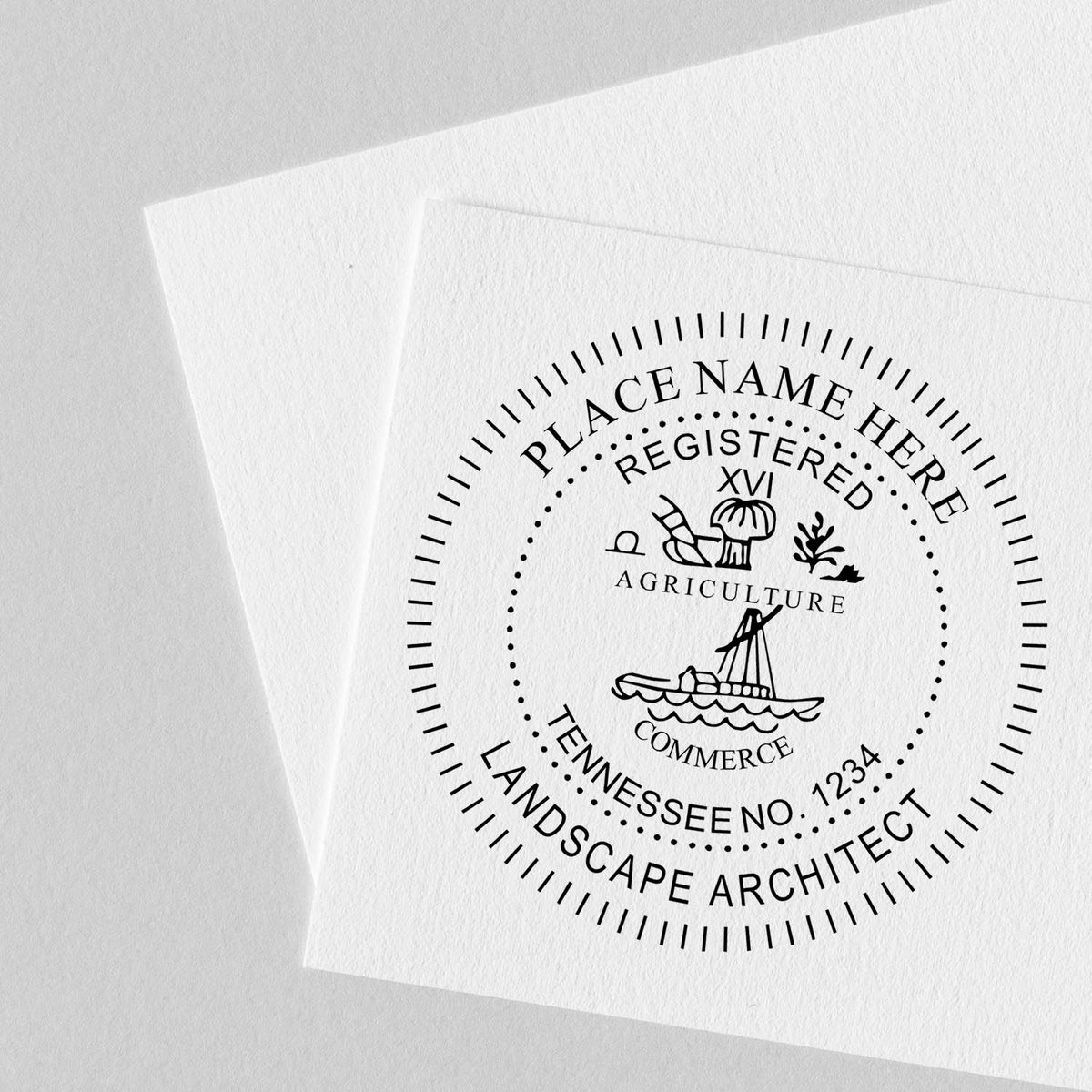 A lifestyle photo showing a stamped image of the Digital Tennessee Landscape Architect Stamp on a piece of paper