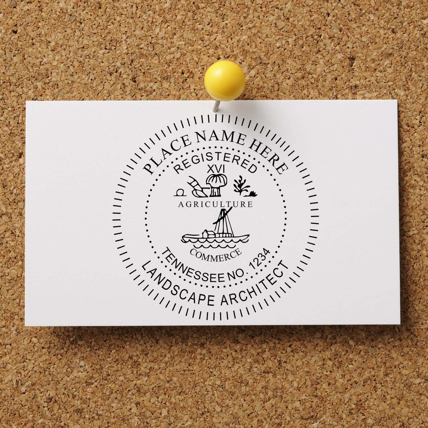 A lifestyle photo showing a stamped image of the Tennessee Landscape Architectural Seal Stamp on a piece of paper