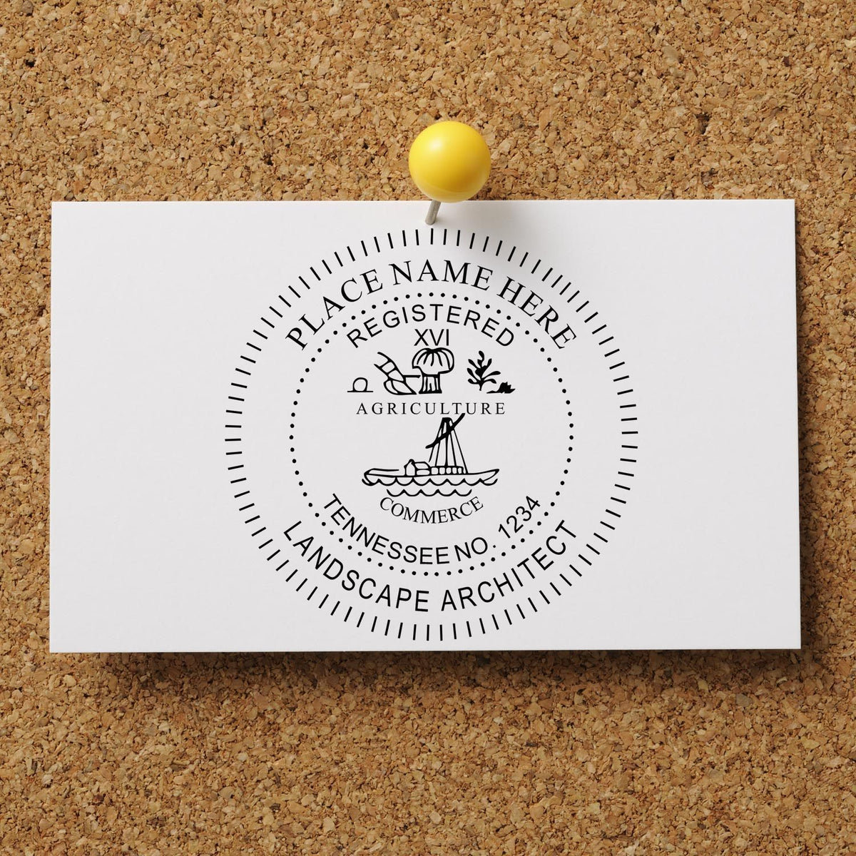 A lifestyle photo showing a stamped image of the Tennessee Landscape Architectural Seal Stamp on a piece of paper