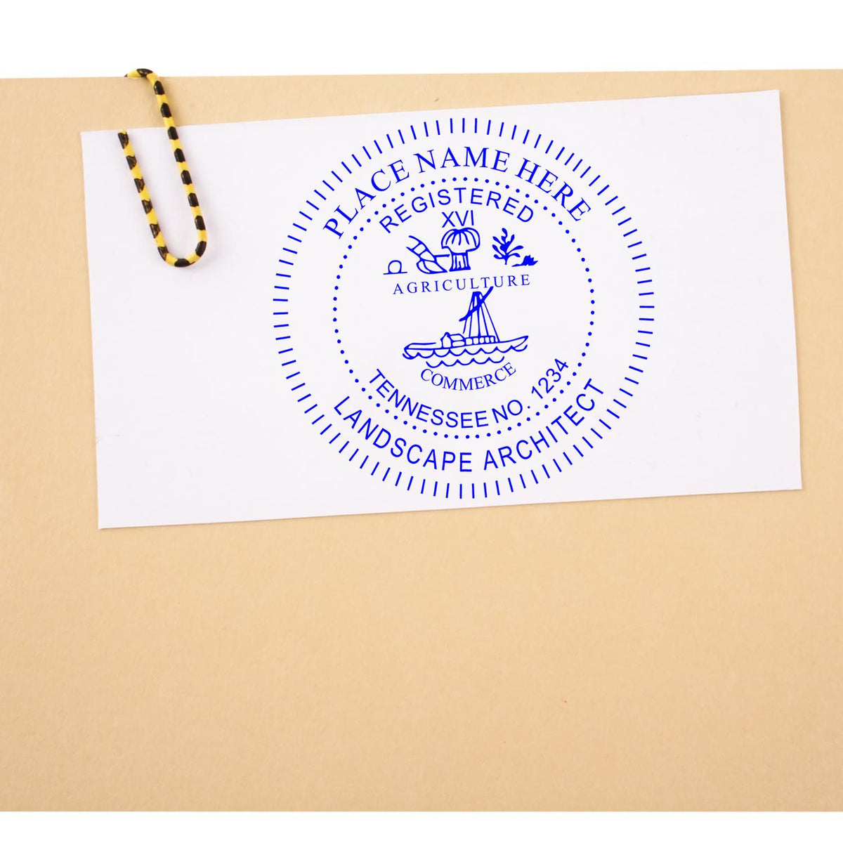 The Premium MaxLight Pre-Inked Tennessee Landscape Architectural Stamp stamp impression comes to life with a crisp, detailed photo on paper - showcasing true professional quality.
