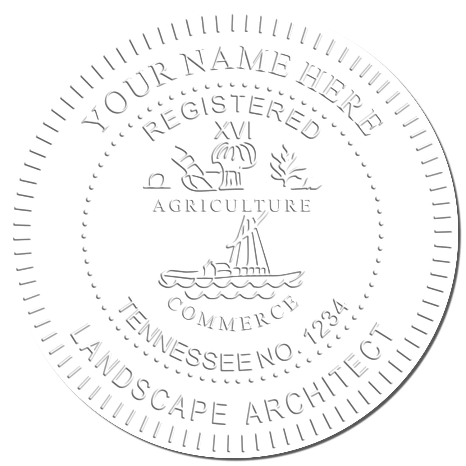 This paper is stamped with a sample imprint of the State of Tennessee Extended Long Reach Landscape Architect Seal Embosser, signifying its quality and reliability.