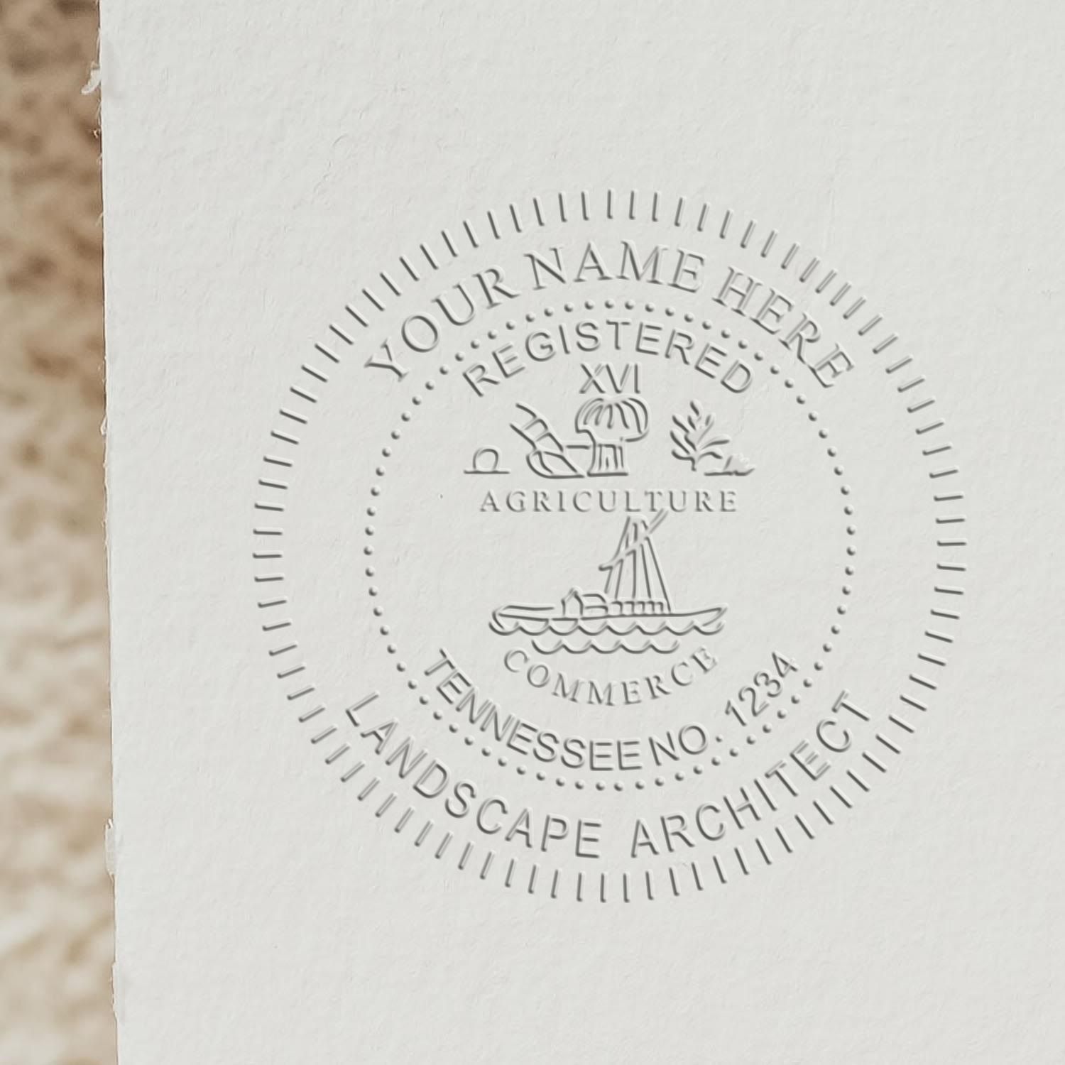 A stamped impression of the State of Tennessee Extended Long Reach Landscape Architect Seal Embosser in this stylish lifestyle photo, setting the tone for a unique and personalized product.