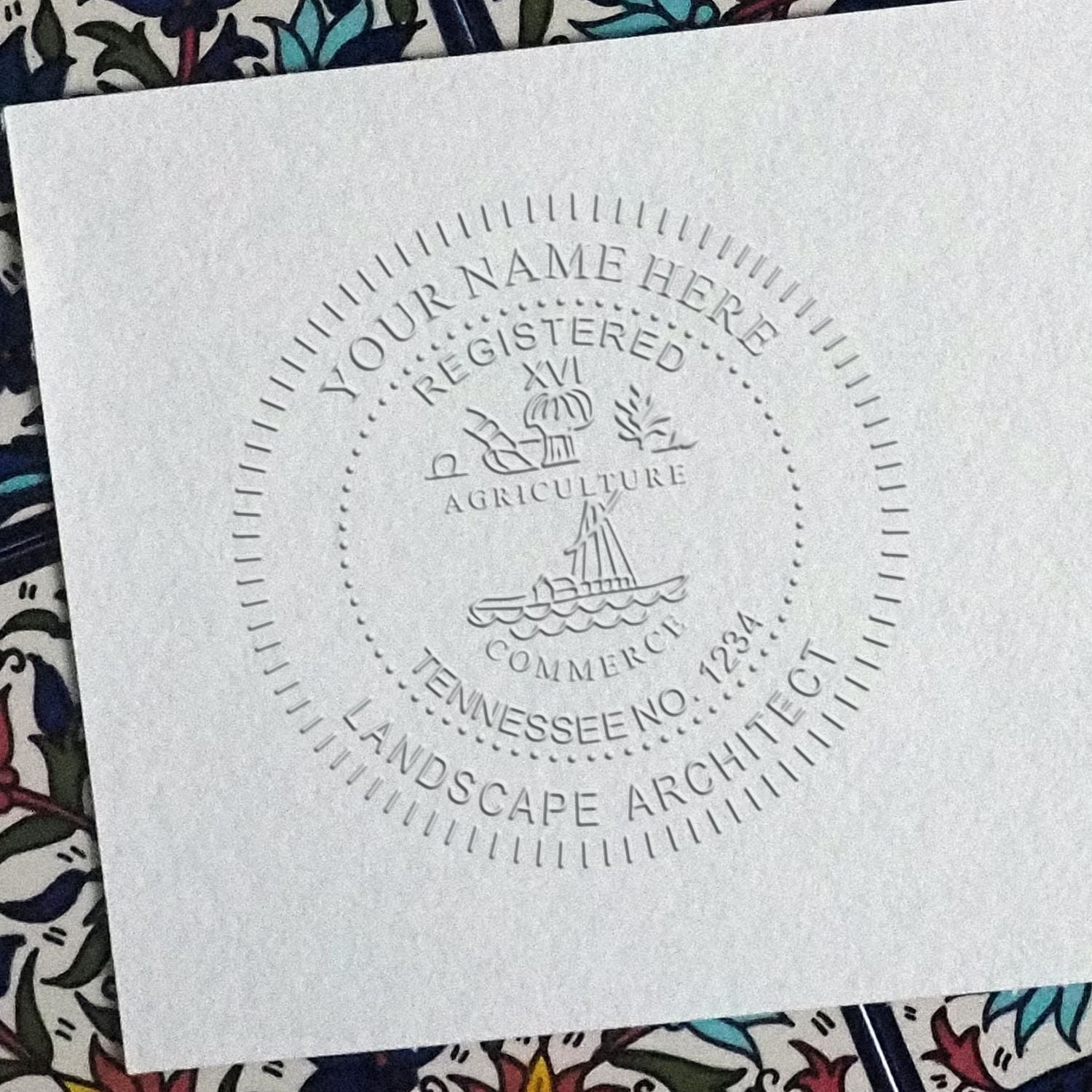 A photograph of the State of Tennessee Handheld Landscape Architect Seal stamp impression reveals a vivid, professional image of the on paper.