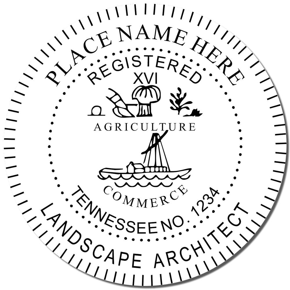 A lifestyle photo showing a stamped image of the Slim Pre-Inked Tennessee Landscape Architect Seal Stamp on a piece of paper