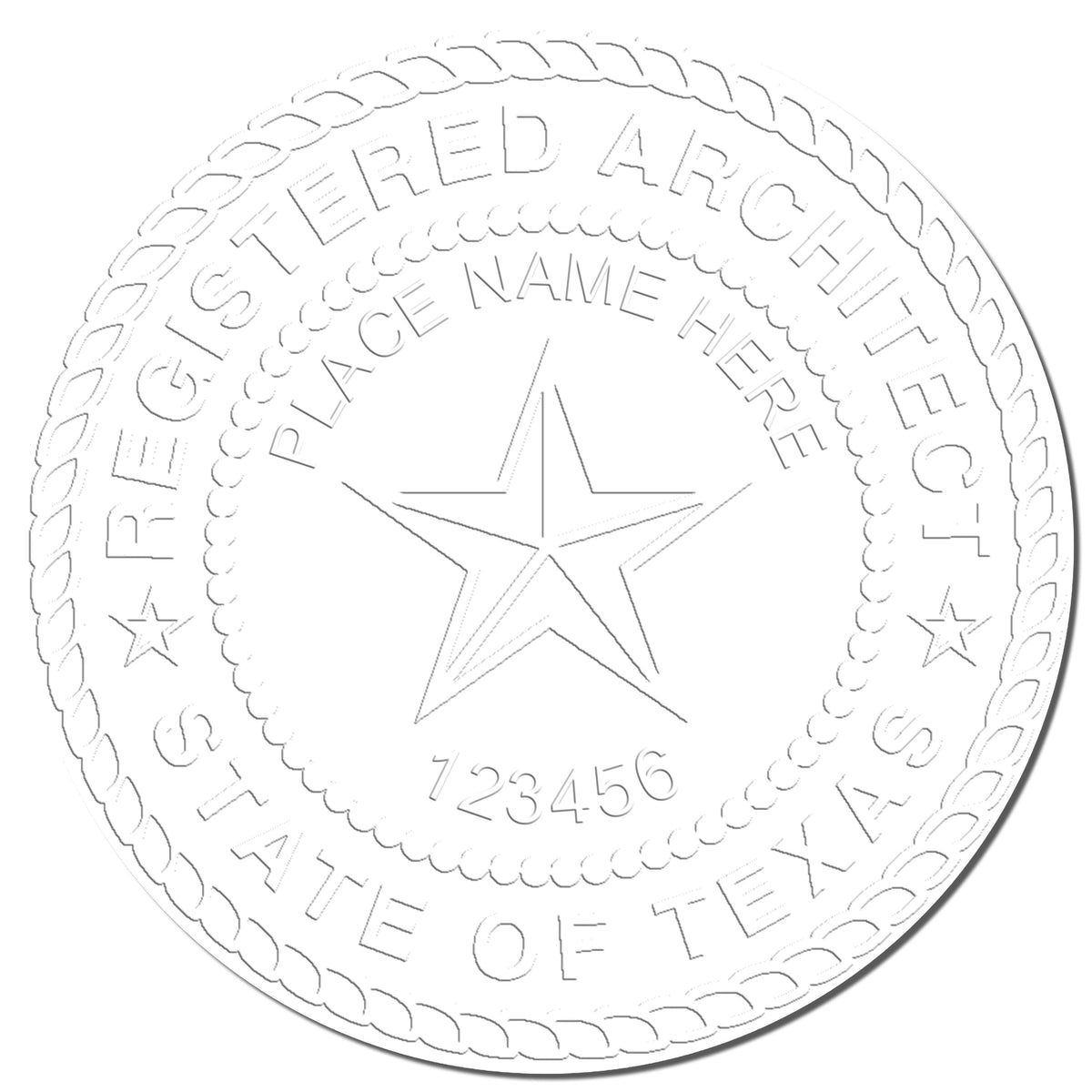 A photograph of the Handheld Texas Architect Seal Embosser stamp impression reveals a vivid, professional image of the on paper.