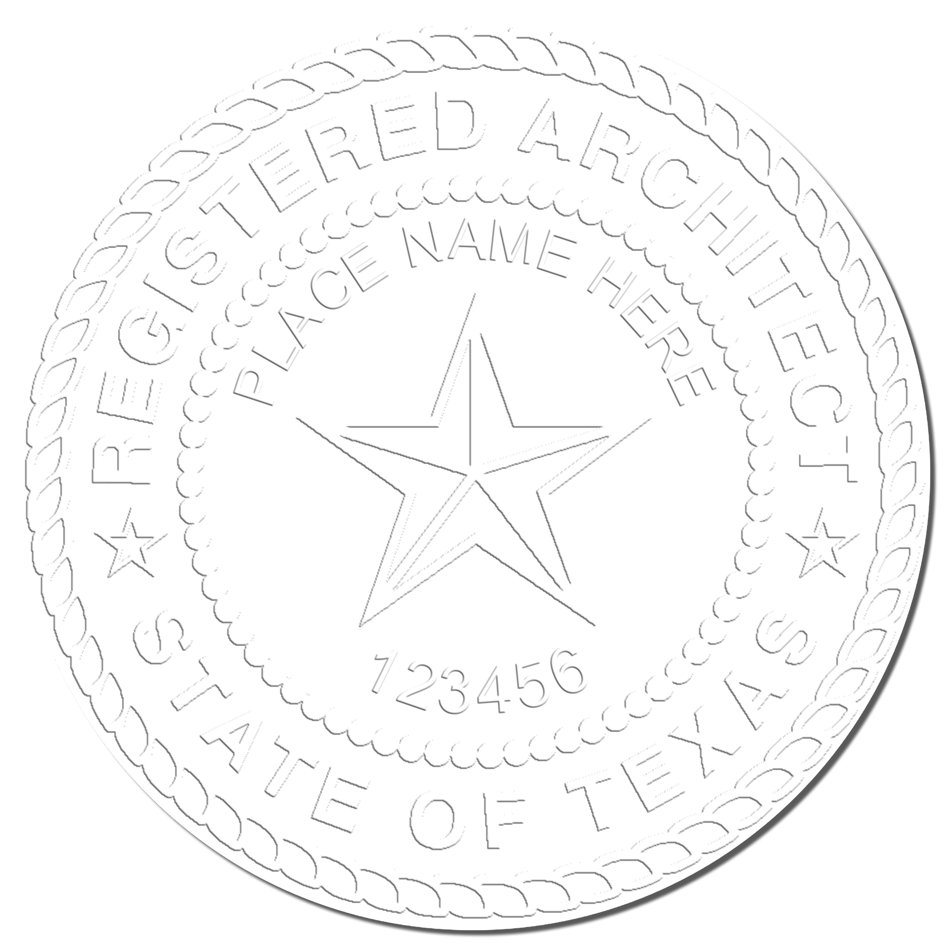 A stamped impression of the State of Texas Long Reach Architectural Embossing Seal in this stylish lifestyle photo, setting the tone for a unique and personalized product.