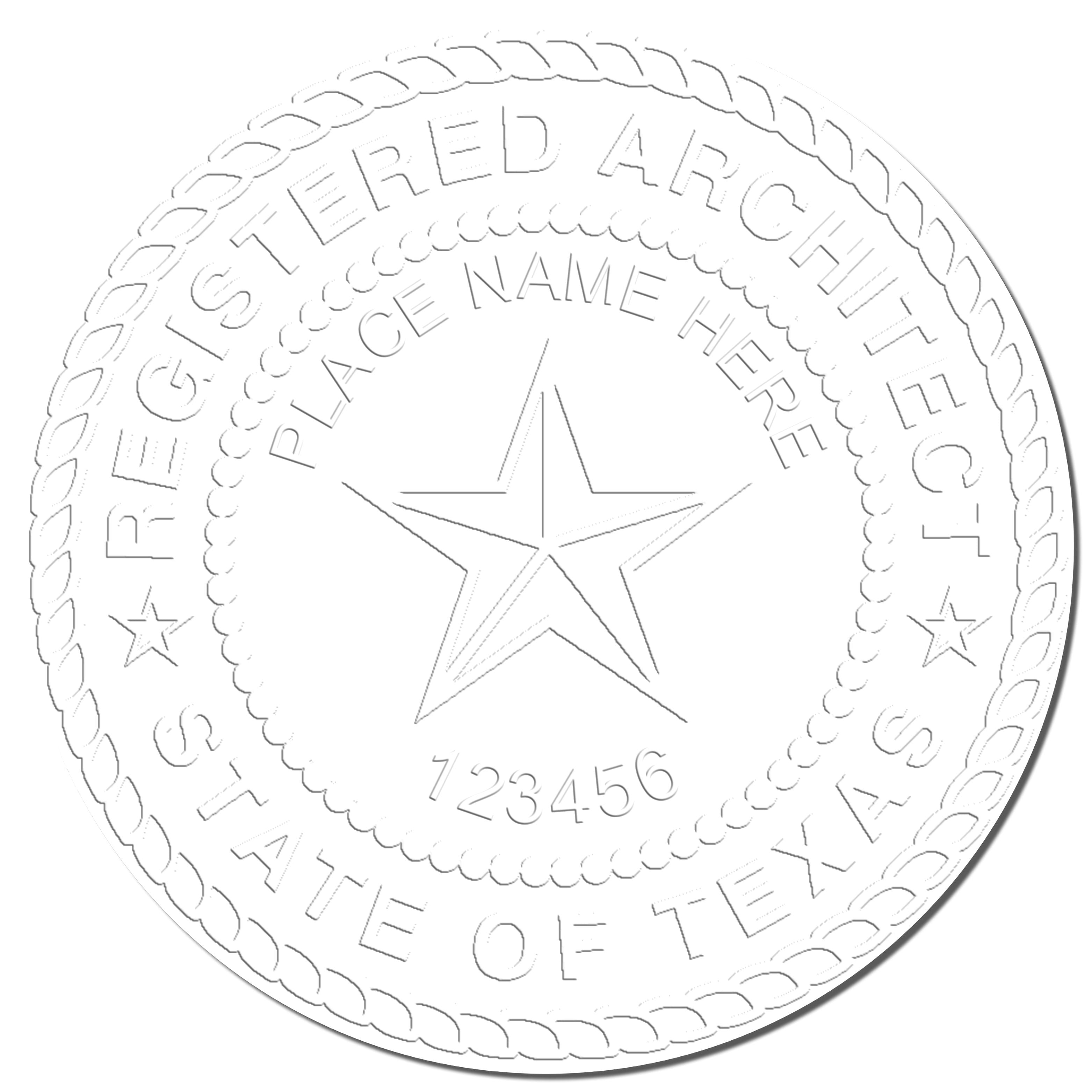 This paper is stamped with a sample imprint of the Heavy Duty Cast Iron Texas Architect Embosser, signifying its quality and reliability.