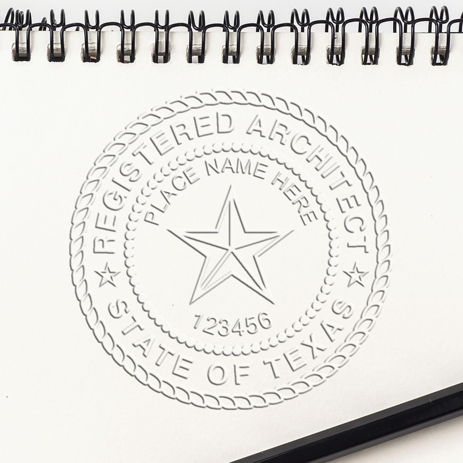 The main image for the Texas Desk Architect Embossing Seal depicting a sample of the imprint and electronic files