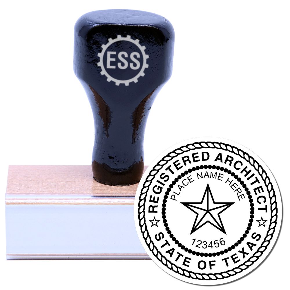 Texas Architect Seal Stamp with a wooden handle and rubber base, featuring a circular design with Registered Architect State of Texas text.