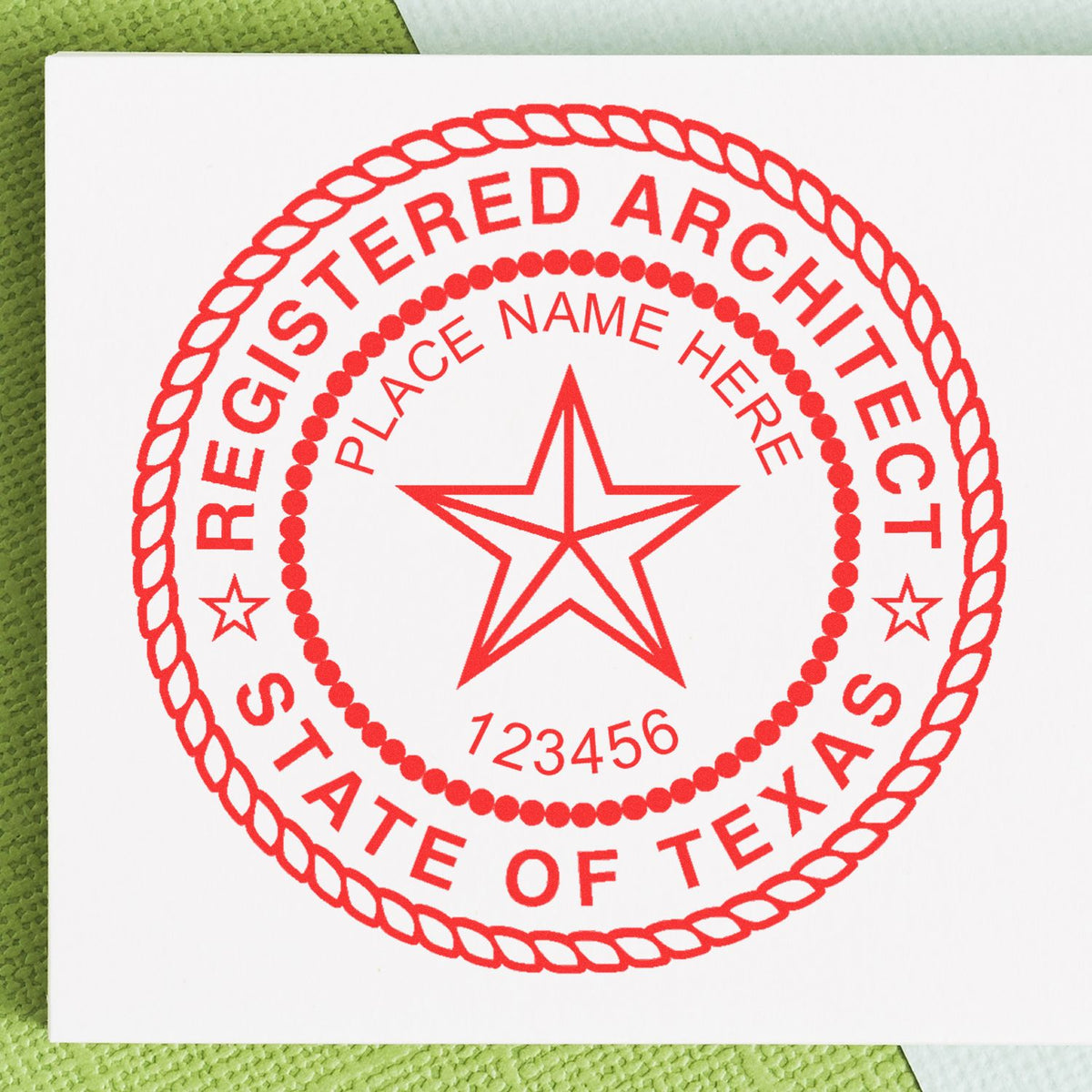 Slim Pre-Inked Texas Architect Seal Stamp in use photo showing a stamped imprint of the Slim Pre-Inked Texas Architect Seal Stamp