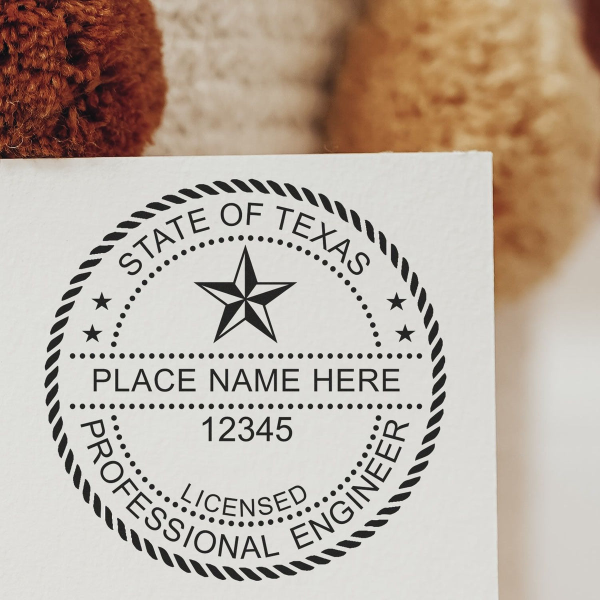 A stamped impression of the Digital Texas PE Stamp and Electronic Seal for Texas Engineer in this stylish lifestyle photo, setting the tone for a unique and personalized product.