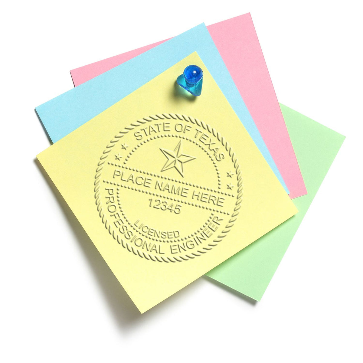 An in use photo of the Gift Texas Engineer Seal showing a sample imprint on a cardstock