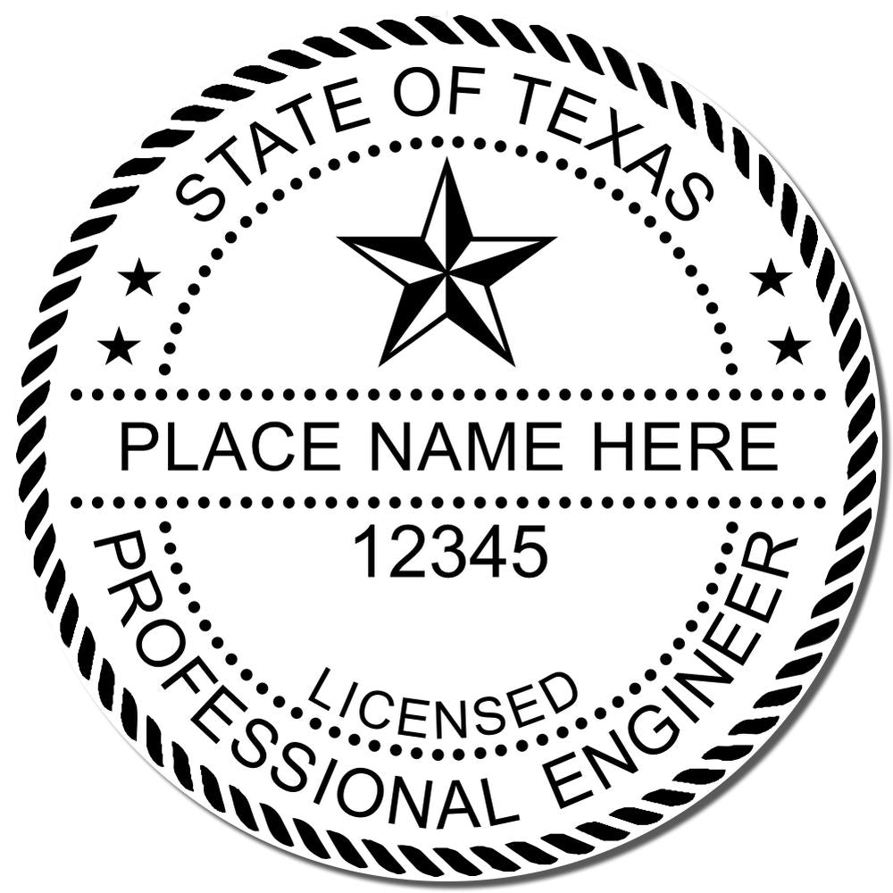 A photograph of the Self-Inking Texas PE Stamp stamp impression reveals a vivid, professional image of the on paper.