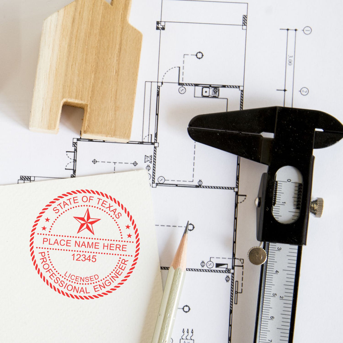 A stamped impression of the Texas Professional Engineer Seal Stamp in this stylish lifestyle photo, setting the tone for a unique and personalized product.