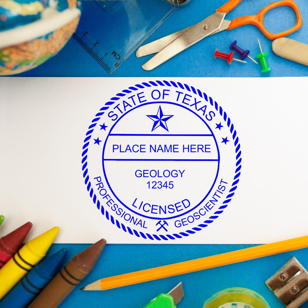 A stamped imprint of the Texas Professional Geologist Seal Stamp in this stylish lifestyle photo, setting the tone for a unique and personalized product.